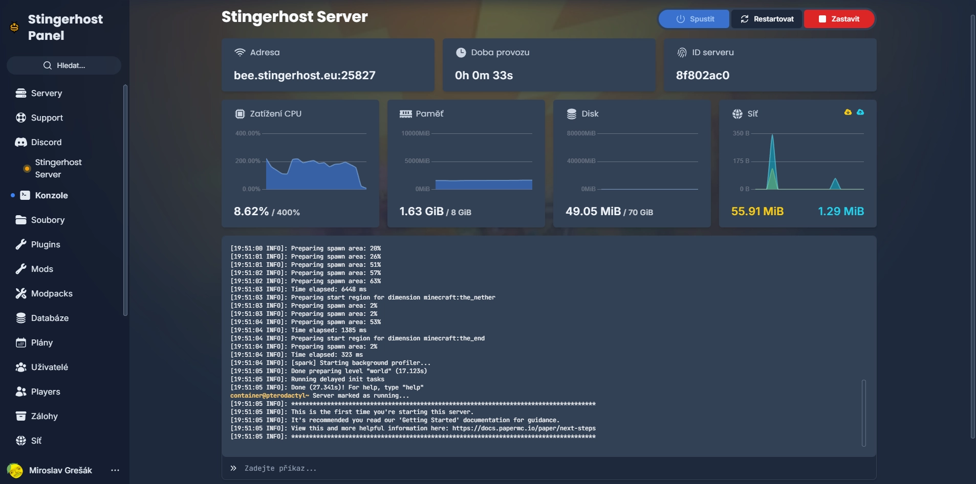 StingerHost Panel Interface